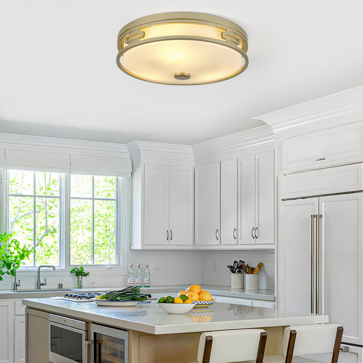 11.81" Flush Mount Ceiling Light, 2xE26 Max 60W Sockets, Gold Metal Frame with Frosted Acrylic Shade, Bulbs Not Included