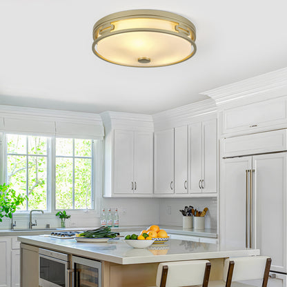 11.81" Flush Mount Ceiling Light, 2xE26 Max 60W Sockets, Gold Metal Frame with Frosted Acrylic Shade, Bulbs Not Included