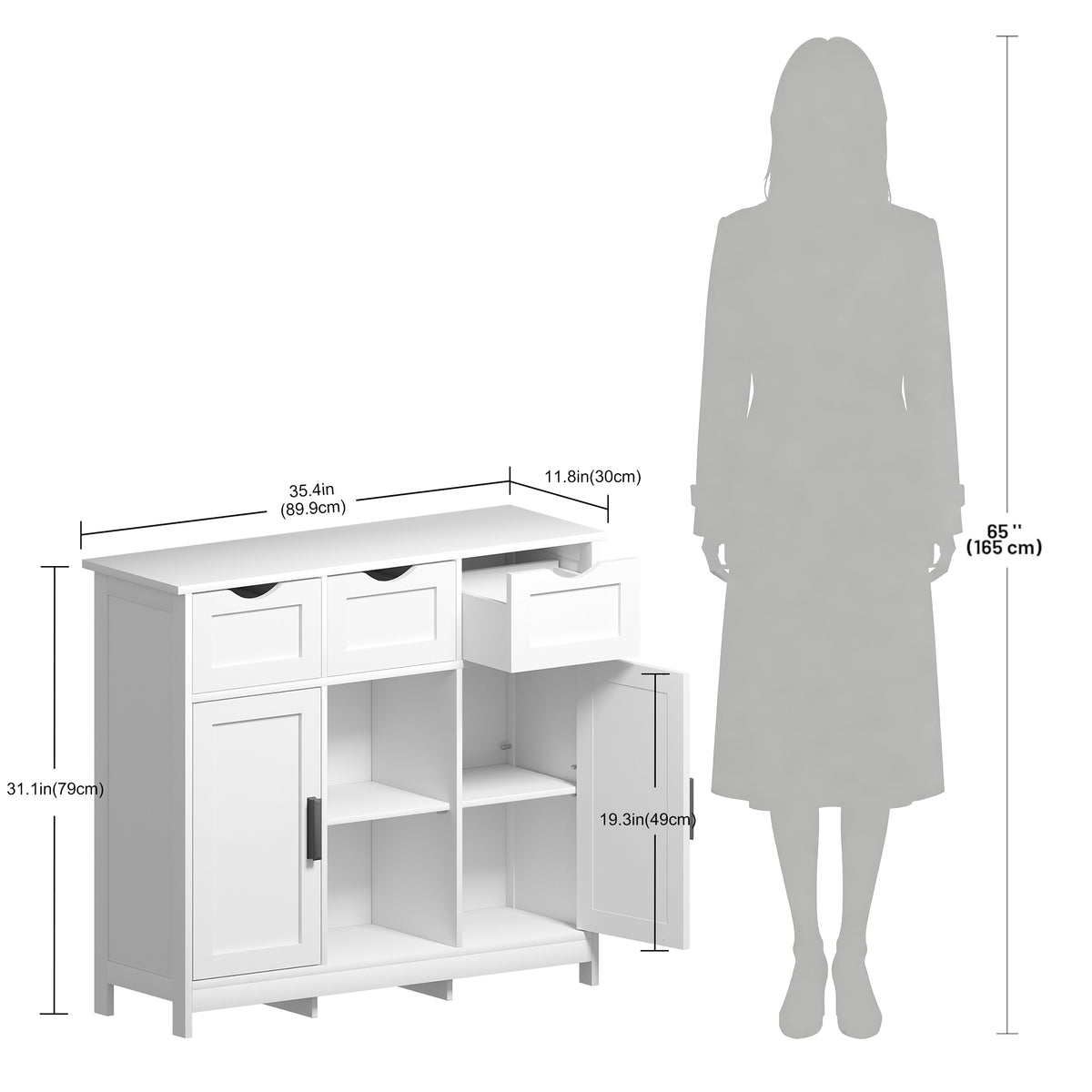 White Wooden Floor Storage Cabinets with Drawers and Shelves, Accent Cabinet for Home Decor
