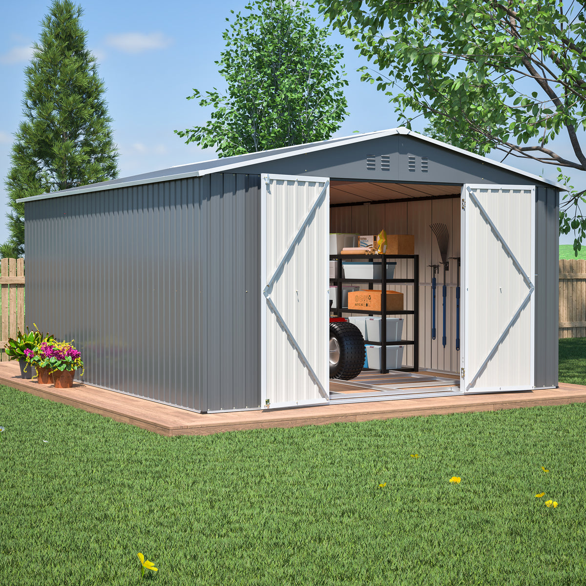 11x13 FT Metal Storage Shed with Reinforced Floor Frame Large 140.5 ft² Outdoor Garden Tool House Lockable Doors & 4 Air Vents Weatherproof
