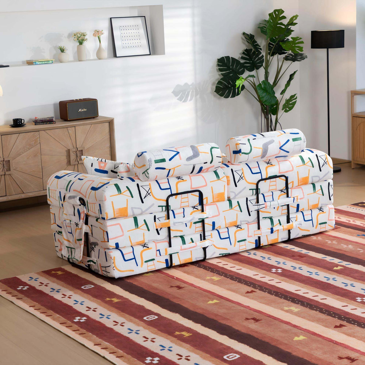 Abstract Line Printed Convertible Sleeper Sofa Bed High Density Compressed Sponge Foldable Multi-functional Upholstered Couch for Living Room Hotel Apartment