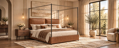 Queen Canopy Bed Frame,  Faux Leather Upholstered Bed with Metal Frame, Four Poster Platform Bed, No Box Spring Needed, Rustic Brown