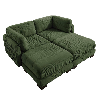 2 Seat Ruched Detailing Chenille Modular Sectional Sofa,Movable 2 Ottomans,High-Density Foam,L Shape Thickened  Back Cushions,Easy Assembly,For Living Room,Bedroom,Green