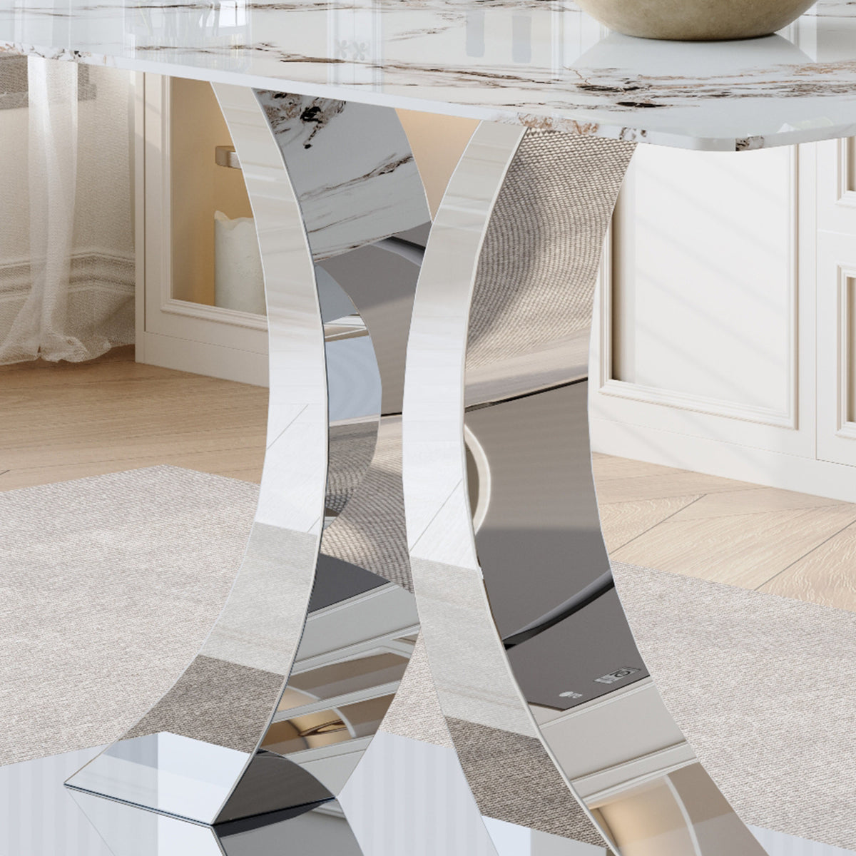 Transformable Heavy-Duty Stainless Steel Base in Silver 63" x 35" Dining Table  Luxury Pandora White Pattern Tempered Glass Rock Top for Kitchen Dining Room