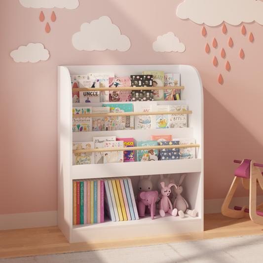 Kids Bookshelf with Open Storage, Front-Facing Children's Bookcase, Multi-Tier Wooden Book Display Shelf for Toddlers, or Nursery - White