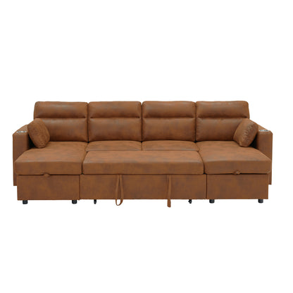 Convertible U-Shaped Sectional Sofa Bed with Double Storage Chaises, Pull-Out Sleeper, Cup Holders, and Lumbar Pillows
