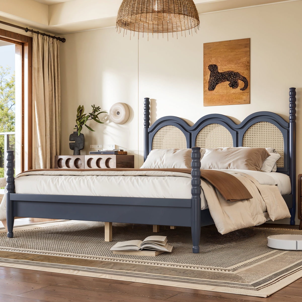 Queen Size Platform Bed with Arched Woven Headboard, Four Poster Stylish Wooden Bed Frame, Elegant Curved Headboard Bed Frame For Bedroom,Blue