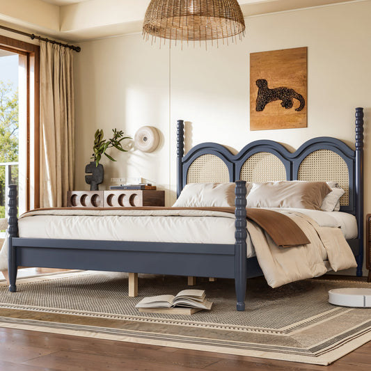 Queen Size Platform Bed with Arched Woven Headboard, Four Poster Stylish Wooden Bed Frame, Elegant Curved Headboard Bed Frame For Bedroom,Blue