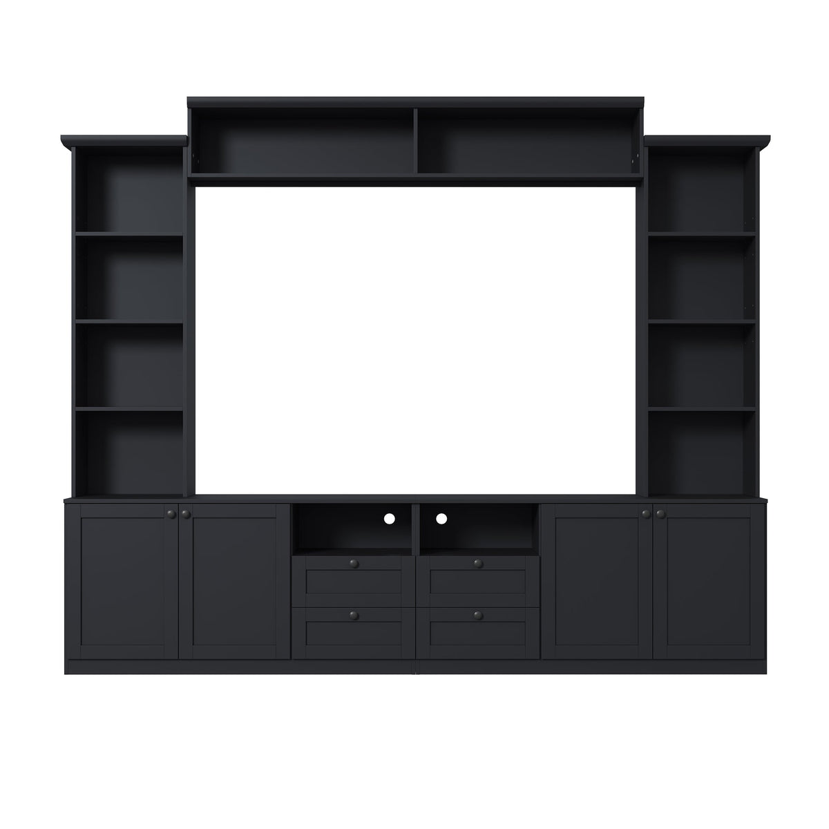 Farmhouse Elegant Entertainment Center Wall Unit with 4 Drawers, Modern Built in TV Stand with Bridge for TVs Up to 70", All-in-One Media Console with Adjustable Shelves for Living Room, Black