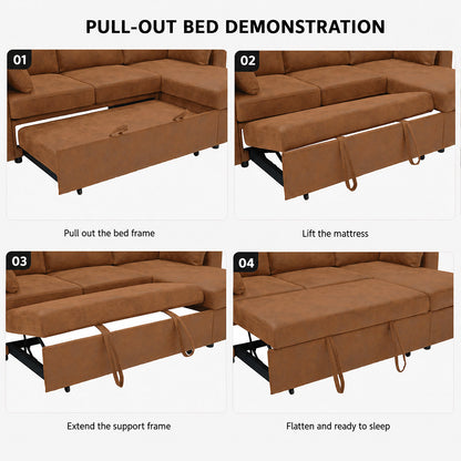 Convertible U-Shaped Sectional Sofa Bed with Double Storage Chaises, Pull-Out Sleeper, Cup Holders, and Lumbar Pillows