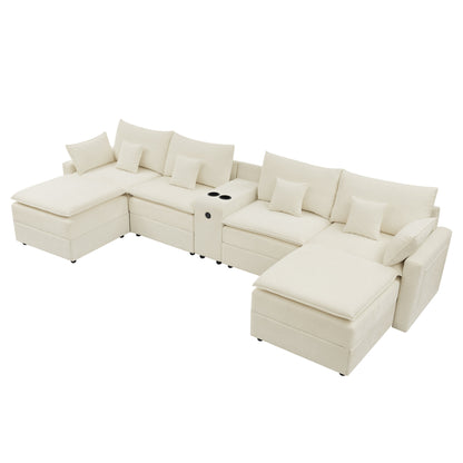 143.8'' U-shaped Modular Sectional Sofa with Center Console, Cup Holder, USB Charger,Movable Ottoman,Modern Comfy 4-6 Seater Chenille Cloud Couch for Spacious Living Room, Beige