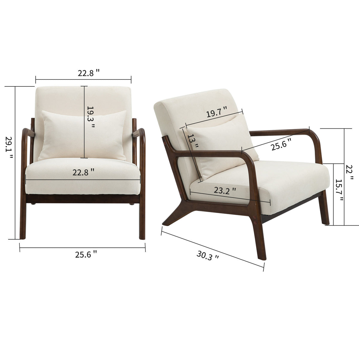 Mid Century Modern Accent Chair with Wood Frame, Upholstered Living Room Chairs with Waist Cushion, Reading Armchair for Bedroom Sunroom – Antique White