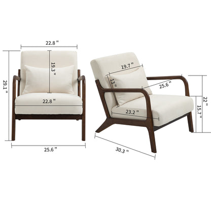 Mid Century Modern Accent Chair with Wood Frame, Upholstered Living Room Chairs with Waist Cushion, Reading Armchair for Bedroom Sunroom – Antique White