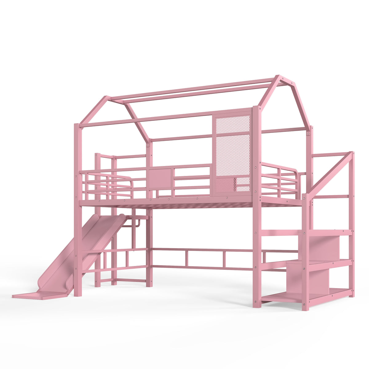 Full House Loft bed with Slide and Stairs, Metal Playhouse Bed with Storage Shelves, House-shaped Roof and Noise-free Design, Pink