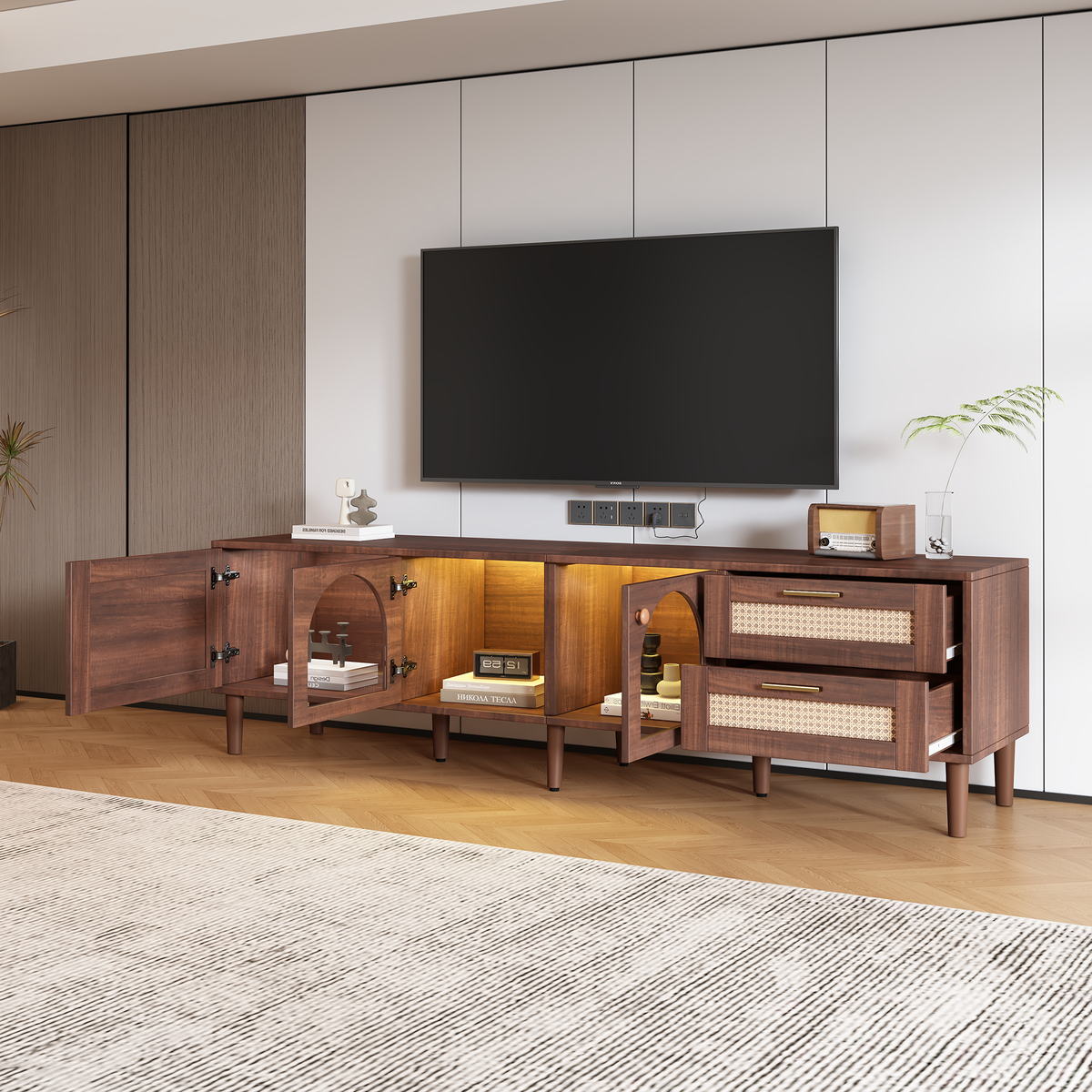 Modern 70 inch TV Stand in Dark Brown with App-Controlled LED Lights, Rattan Doors, 2 Drawers & Glass Door Storage, MDF and Solid Wood Frame