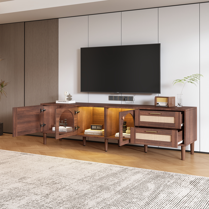 Modern 70 inch TV Stand in Dark Brown with App-Controlled LED Lights, Rattan Doors, 2 Drawers & Glass Door Storage, MDF and Solid Wood Frame