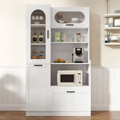 TREXM Tall Freestanding Kitchen Pantry Cabinet with Arched Glass Door, Flip-Up Cabinet Door, Pull-Out Shelves & Drawer, Adjustable Shelves, Storage Cupboard for Kitchen Dining Room (White)