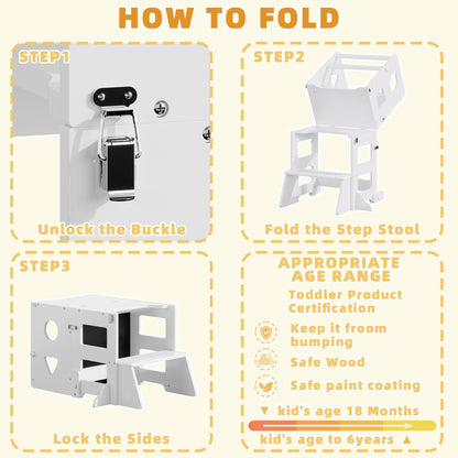 4-in-1 Toddler Kitchen Step Stool,Foldable Learning Standing Tower with Blackboard, Wooden Kitchen Stool Helper for Kids, 1-3 Year Old Boy Girl Gifts(White)