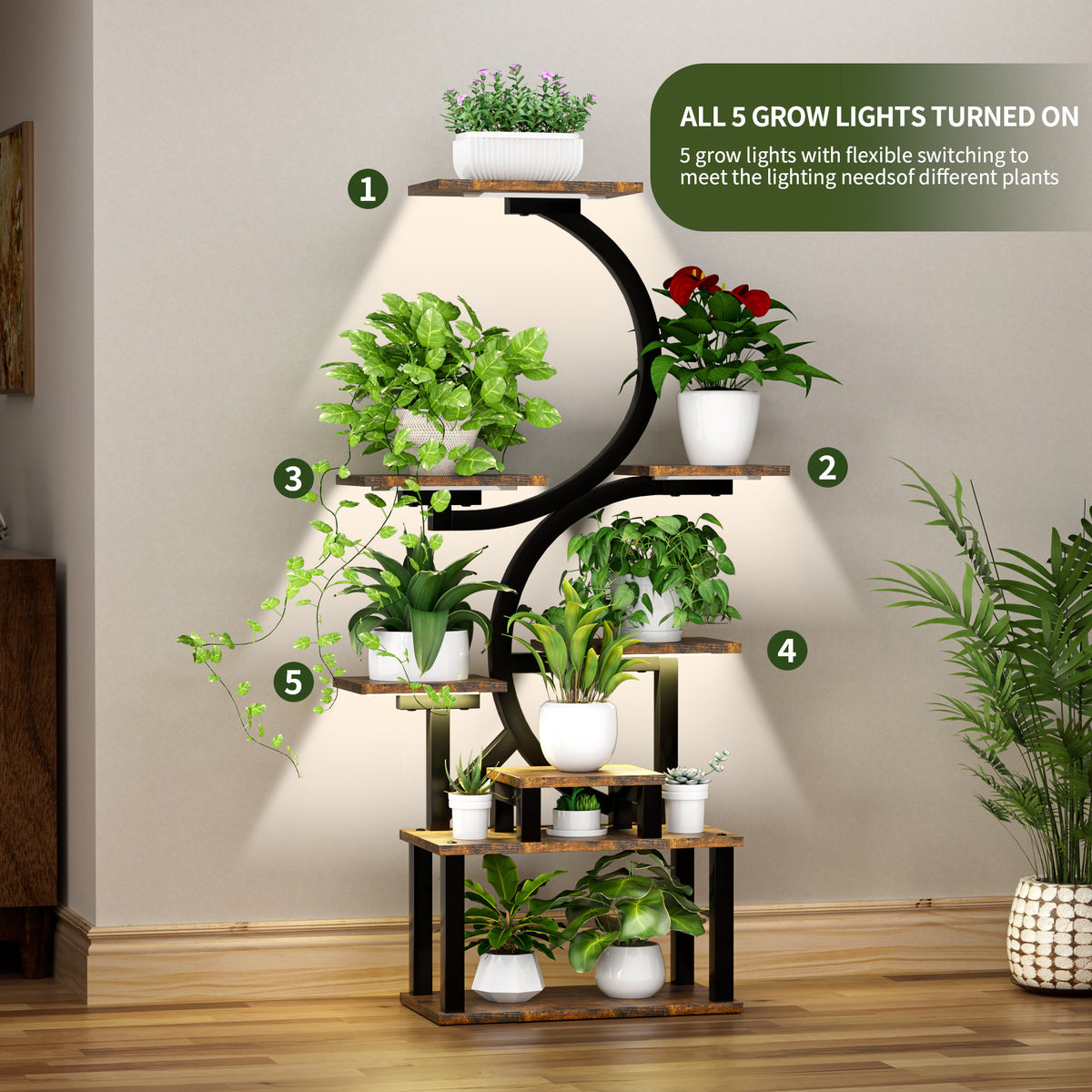 8-Tier Indoor Plant Stand with 5 Grow Lights, Rustic Brown MDF+Metal, 10-Level Dimming, 62-Inch Tall for Living Room or Garden