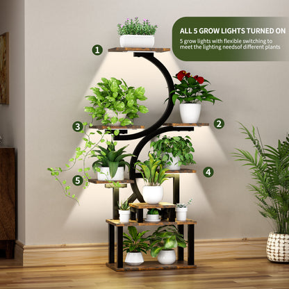 8-Tier Indoor Plant Stand with 5 Grow Lights, Rustic Brown MDF+Metal, 10-Level Dimming, 62-Inch Tall for Living Room or Garden