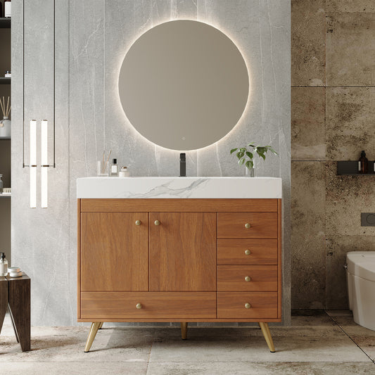 36' Freestanding Bathroom Vanity with Faux Marble Top, Ceramic Sink, 5 Drawers & Stainless Steel Legs