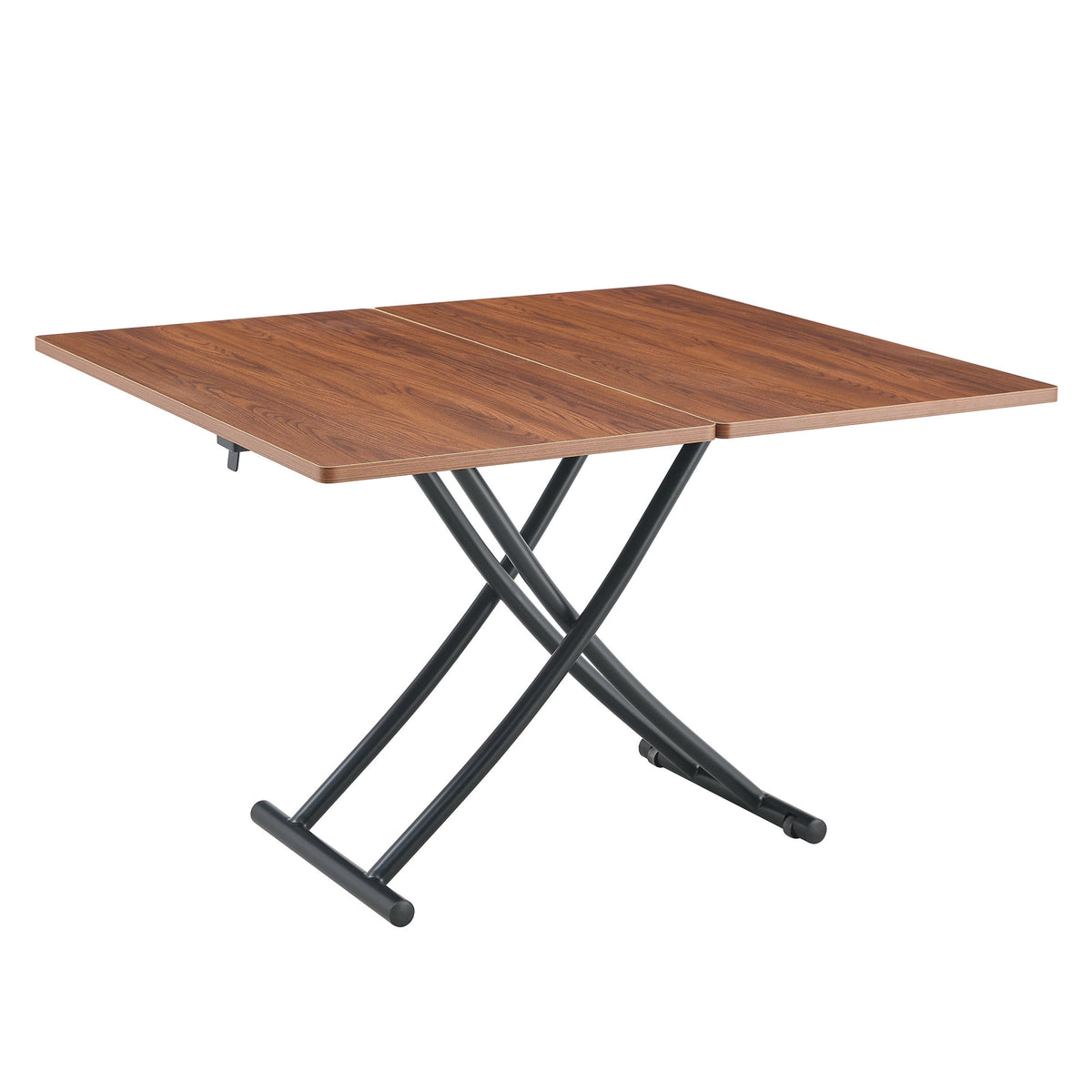 Modern minimalist multifunctional lift table with 0.8 inch thick MDF desktop and black metal legs, can be used as a dressing table, coffee table, dining table, and office table.Walnut textured desktop