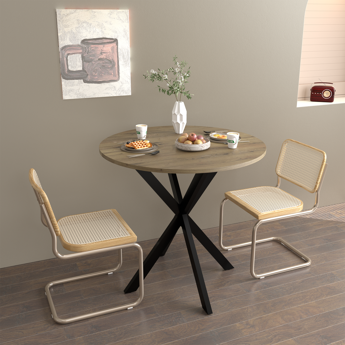 31.5 Inch Round Dining Table, Small Circle Kitchen Table with Metal Black Legs for 2-4 people, Modern Dining Room Table, Brown (only table) – 0.7Inch