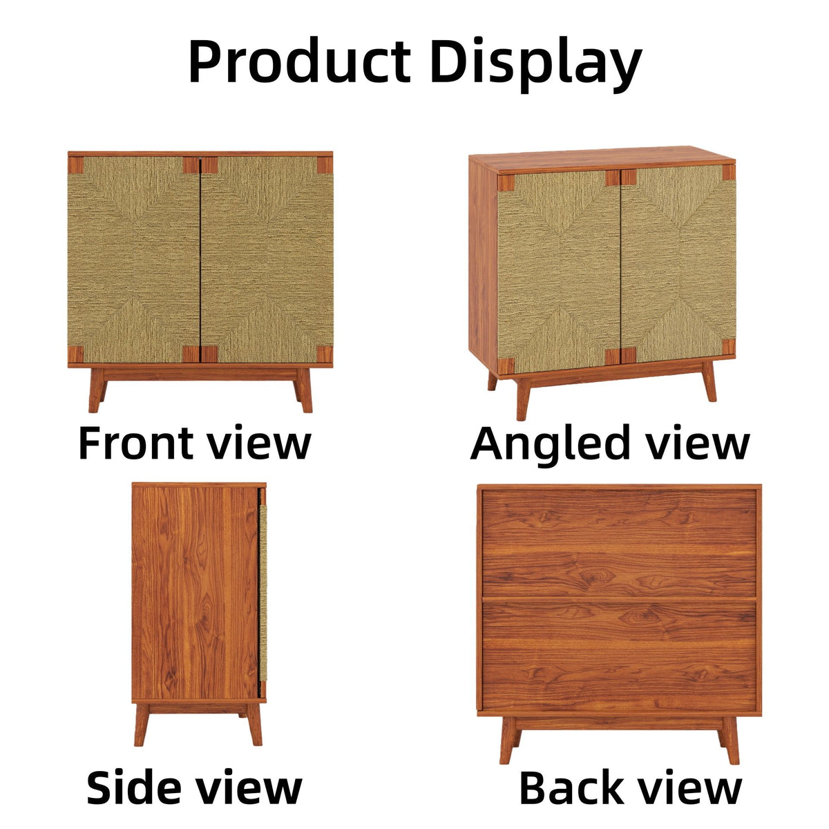 Mid Century Boho Freestanding Accent Cabinet, Handmade Paper Rope Woven Push-to-Open Double Doors, , Adjustable  Shelf, Sideboard Storage Cabinet for Kitchen Entryway  Living Room