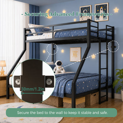 Heavy Duty Twin over Queen Metal Bunk Bed with 1200 LBS Capacity, Noise-Free Structure with Wall Mount & Anti-Slip Ladder