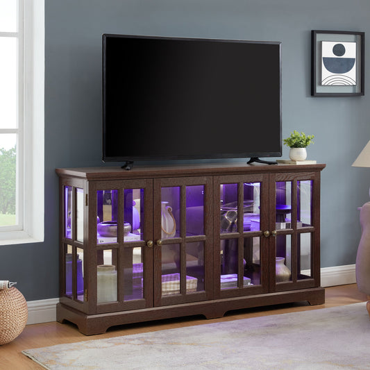 LED Curio Display Cabinet Antique Display Cabinet with Glass Doors Adjustable Shelves for Collectibles Four Door Design Vintage Showcase
