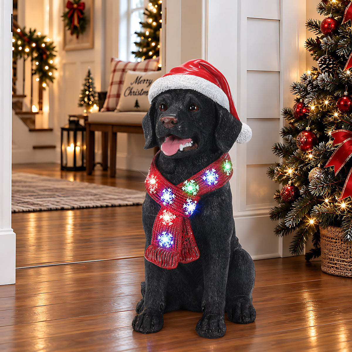 Lighted Christmas Golden Retriever Dog Statue, Santa Hat Puppy Figurine with LED Scarf