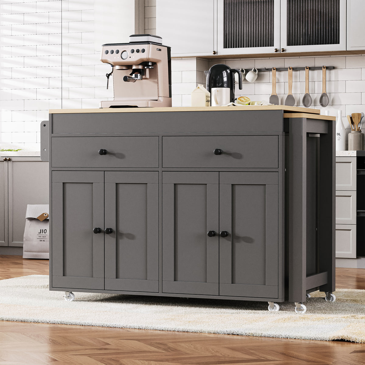 K&K 74.5 inch Kitchen Island with Extendable Dining Table, Rolling Kitchen Island on Wheels with Spice Rack and 2 Drawers, 4 Door Cabinet