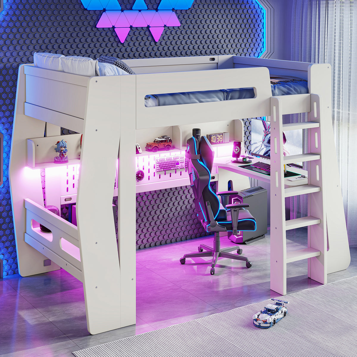 Twin/Full Size Gaming Loft Bed, All-in-One Gaming Bed with Desk, Gaming Bed with Storage, Gaming Loft Bed with Led Light, Esports Style Loft Bed Frame for Teens, Space Saving Loft bed.Beige