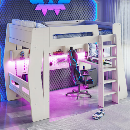 Twin/Full Size Gaming Loft Bed, All-in-One Gaming Bed with Desk, Gaming Bed with Storage, Gaming Loft Bed with Led Light, Esports Style Loft Bed Frame for Teens, Space Saving Loft bed.Beige