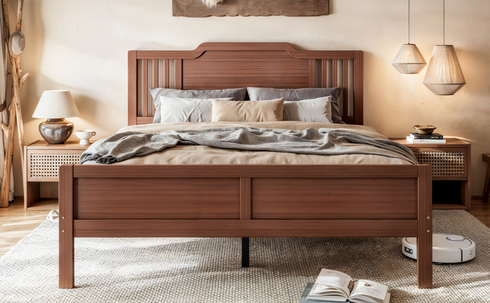 Full Size Platform Bed with Tall Headboard, Solid Bamboo-made Bed Frame with Support Slats, Full  Bed Frame for Bedroom, Guest Rooms, Warm Brown