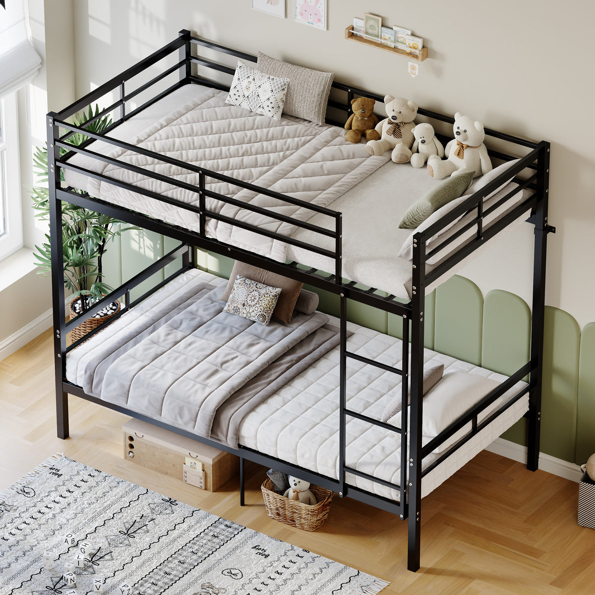 Metal bunk bed (single bed), suitable for children/teenagers/adults. 14.17-inch high guardrails. Single bunk with 19 crossbars and a weight capacity of over 400 lbs. Under-bed storage. Black.