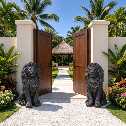 24.61' Black Sitting Lion Statue, Magnesium Oxide Stone Composite Animal Sculpture Statue Decor for Front Door, Yard Patio Garden, Matte Black Finish, Ideal Gift for Housewarming & Estate Decoration
