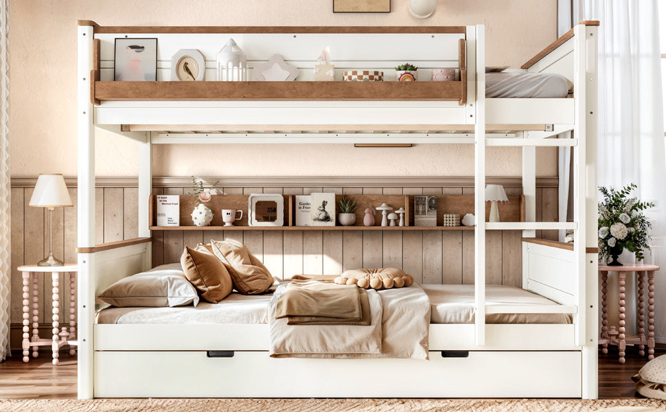 Queen over Queen Wood Bunk Bed with Pull-out Trundle Bed, Side Storage Shelf, Detachable Bunk Bed Frame, Convertible Into 2 Separate Beds for Kids Teens Adults, Beige&Natural