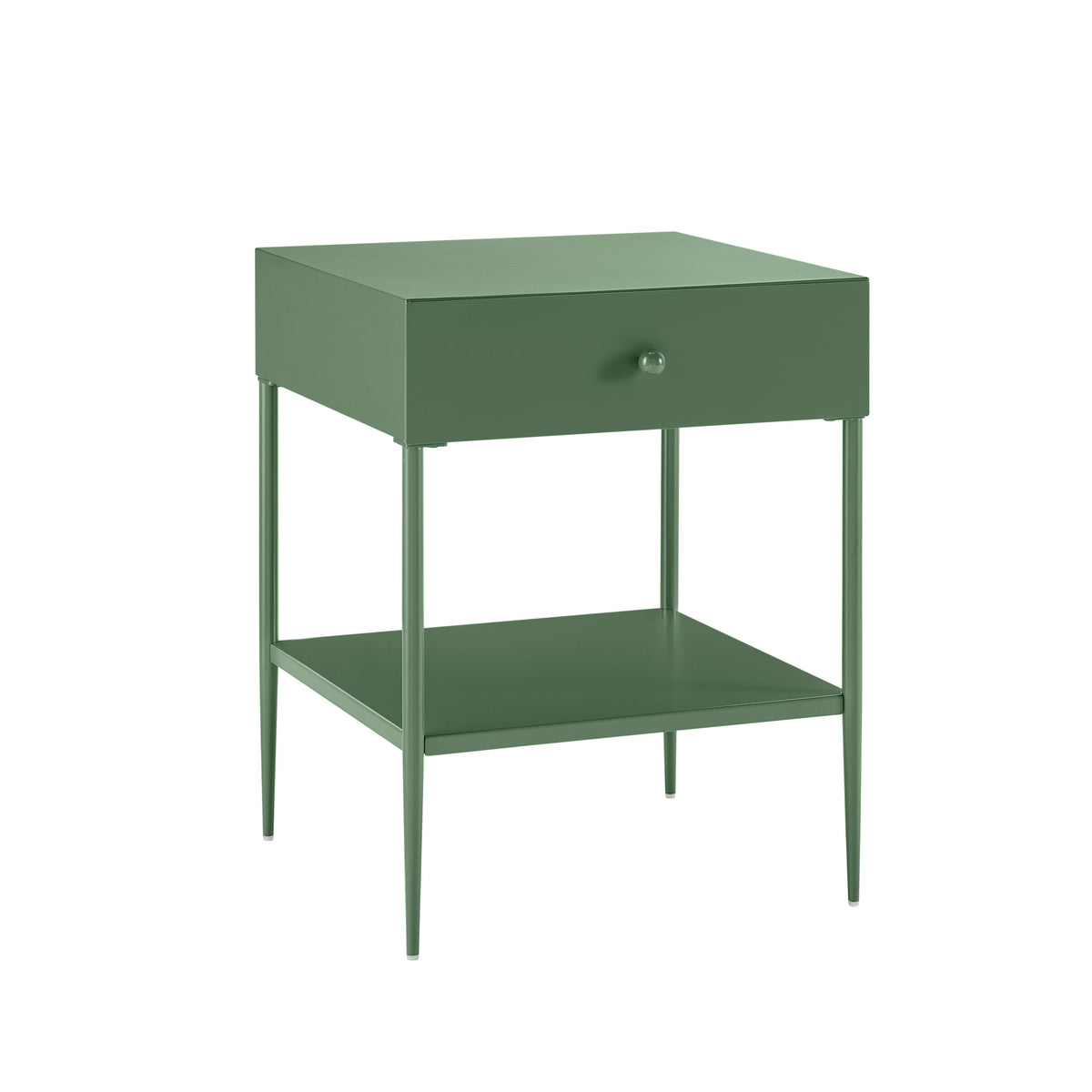 Colette Vintage Green Metal 1-Drawer Nightstand with Bottom Shelf & Tapered Legs