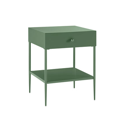 Colette Vintage Green Metal 1-Drawer Nightstand with Bottom Shelf & Tapered Legs