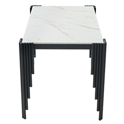 Modern 49" Rectangular Dining Table, White Marble-Look MDF Top with Black Metal Legs, Space-Saving Kitchen Desk for Small Apartments, Easy Assembly