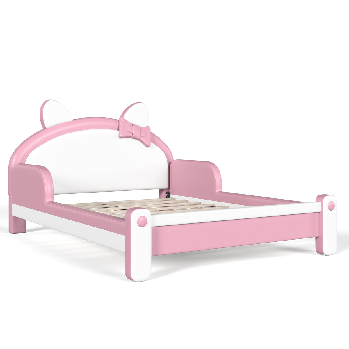 Full Cute Cat Shaped Upholstered Kids Platform Bed, Princess Style Low Profile Children Bed Frame for Bedroom,white&Pink