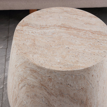 Drum Shaped Accent Coffee Table, MgO Faux Travertine Round Coffee Table, Indoor & Outdoor Decorative Table for Living Room Patio Yard, Top Dia 14.57" x Bottom Dia 18.90" x H 16.54"
