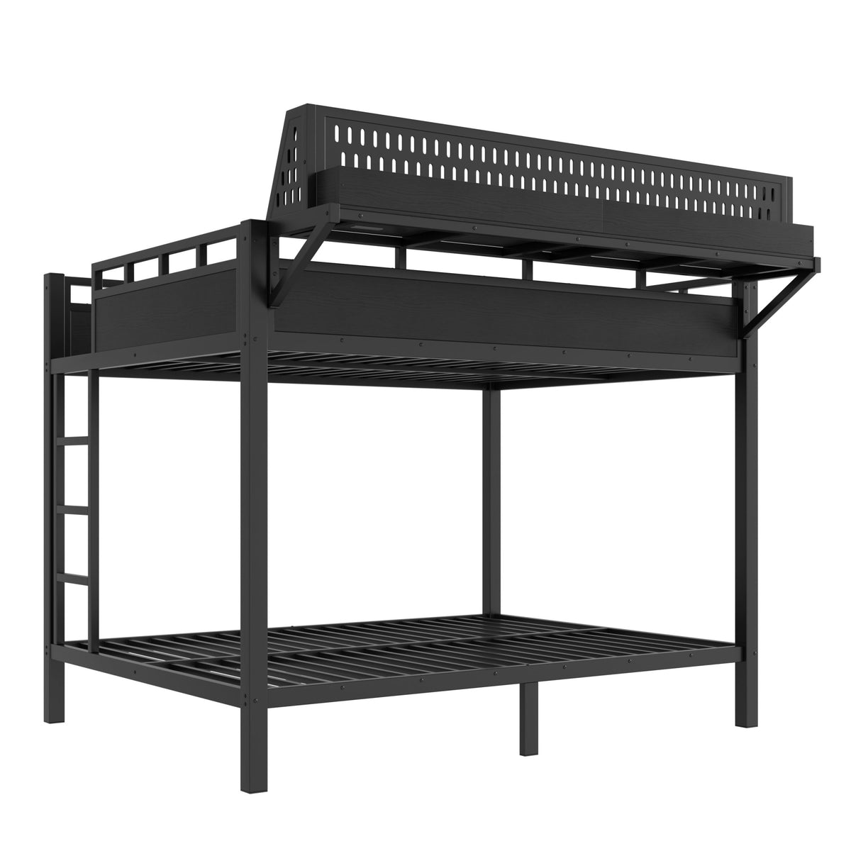 Queen over Queen Size Metal Bunk Bed with Storage Shelves and Pegboard, Bunk Bed Frame with USB Ports and LED Lights, Space-Saving, for Teens and Adults, Black