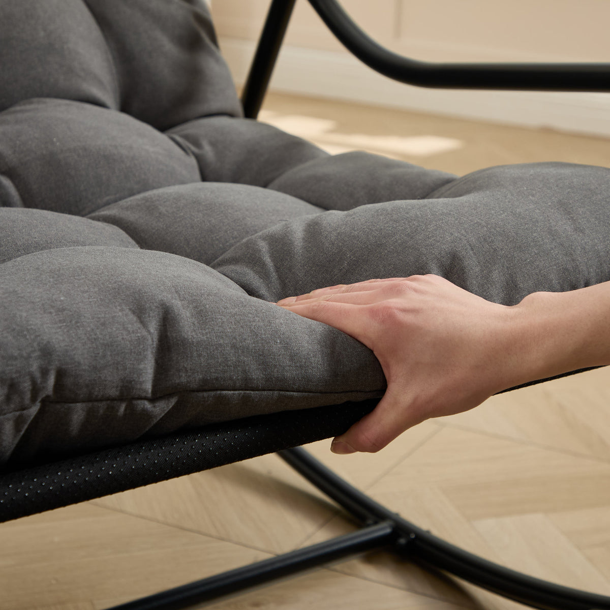 Outdoor Rocking Chair, Comfy Cushion, with Soft Thick Cushion, Reading Room, Black Frame with Grey Cushion