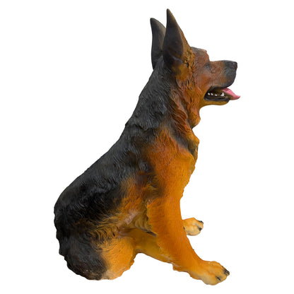 Realistic German Shepherd resin statue, weather-resistant dog ornament, an outdoor garden sculpture suitable for decorating backyards, lawns, and patios.