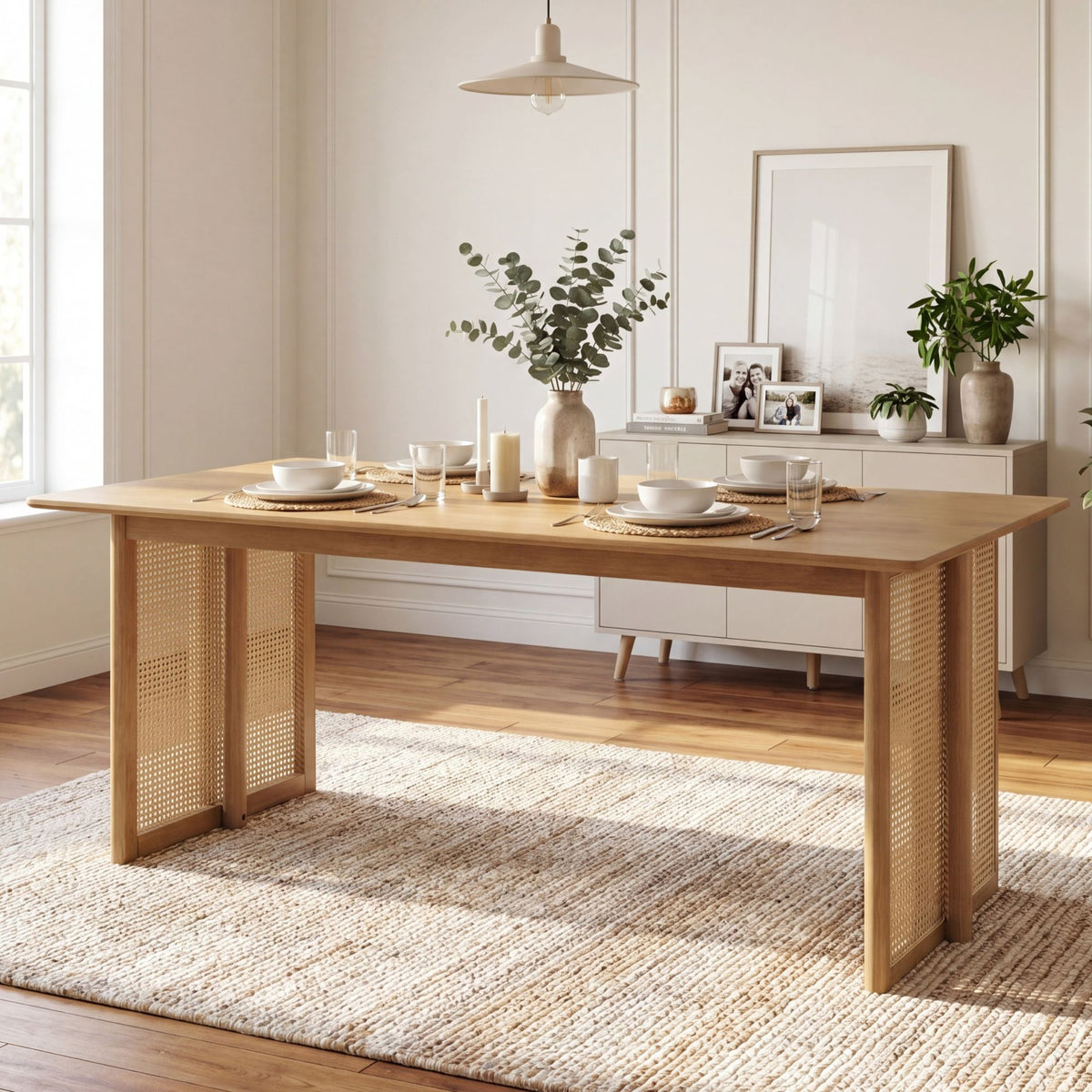 Natural Rubber Wood Dining Table with Natural Plastic Rattan Accents – 70.87''L Indoor Kitchen Table, 800 lbs Capacity
