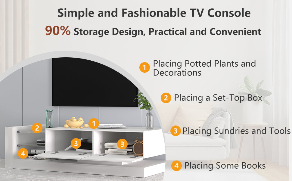 [New Update] LED TV Stand for 55 65 75 Inch TV, Modern Entertainment Center Equipped with Power Outlet, 50 60 70 Inch TV Console for Homes & Apartments, White
