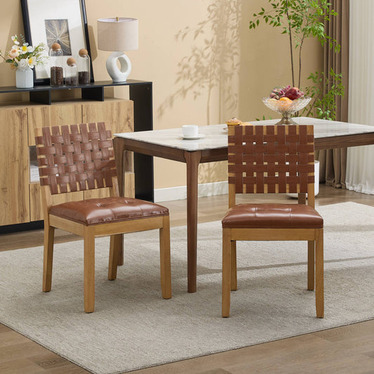 Set of 2 Woven PU Leather Dining Chairs,Mid‑Century Modern Side Chairs,Button Tufted PU Upholstered Seat with Spring & Resilience Sponge Cushion,Solid Wood Frame for Dining Room,Saddle Brown,SW1783SB