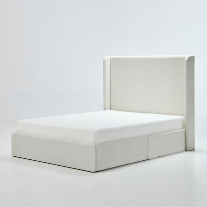 Carmen Upholstered Wingback Bed / Upholstered Platform Bed Frame / 54" High Headboard / Simplicity / Minimalist / No Box Spring Needed / Easy Assembly / Queen/ Textured Ivory Canvas / No Noise